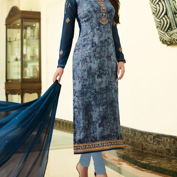 Kritika Kamra Light Blue Brasso Churidar Suit - Picture 1 of 2